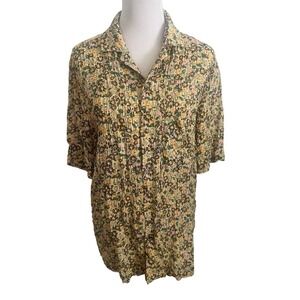 Nanushka Floral Plisse Short Sleeve Button Down Shirt‎ Yellow/Tan Pink Green